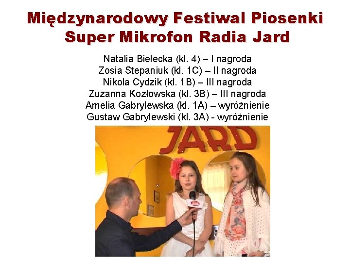 Międzynarodowy Festiwal Piosenki Super Mikrofon Radia Jard Natalia Bielecka (kl. 4) – I nagroda