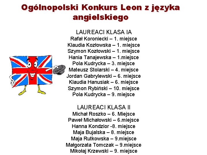 Ogólnopolski Konkurs Leon z języka angielskiego LAUREACI KLASA IA Rafał Koroniecki – 1. miejsce