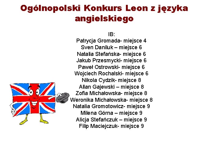 Ogólnopolski Konkurs Leon z języka angielskiego IB: Patrycja Gromada- miejsce 4 Sven Daniluk –