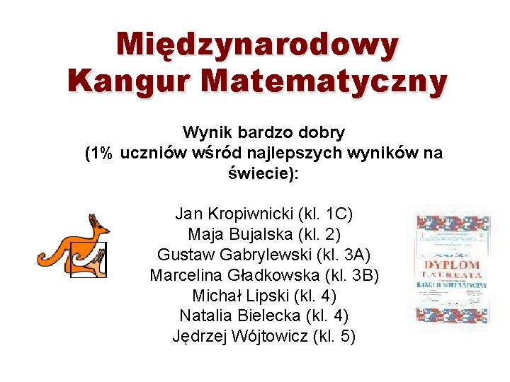 Międzynarodowy Kangur Matematyczny Wynik bardzo dobry (1% uczniów wśród najlepszych wyników na świecie): Jan