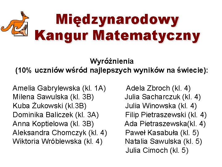 Międzynarodowy Kangur Matematyczny Wyróżnienia (10% uczniów wśród najlepszych wyników na świecie): Amelia Gabrylewska (kl.