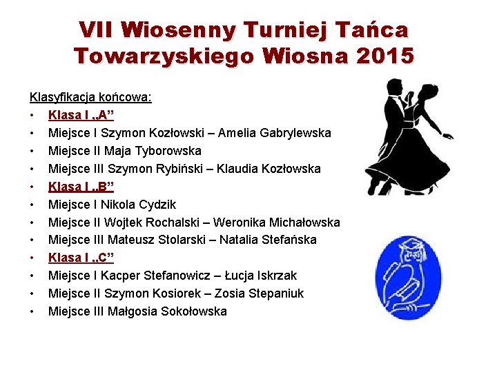 VII Wiosenny Turniej Tańca Towarzyskiego Wiosna 2015 Klasyfikacja końcowa: • Klasa I „A” •