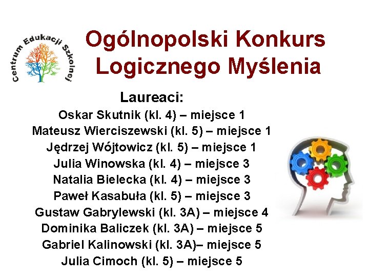 Ogólnopolski Konkurs Logicznego Myślenia Laureaci: Oskar Skutnik (kl. 4) – miejsce 1 Mateusz Wierciszewski