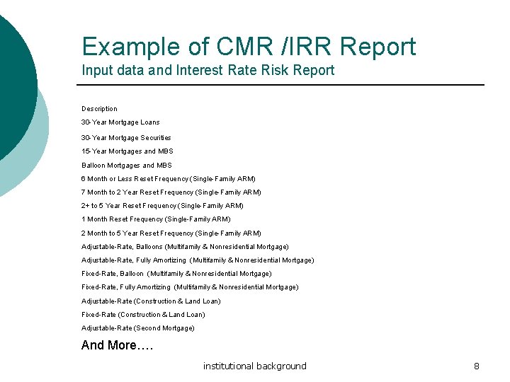 Example of CMR /IRR Report Input data and Interest Rate Risk Report Description 30 Example of CMR /IRR Report Input data and Interest Rate Risk Report Description 30