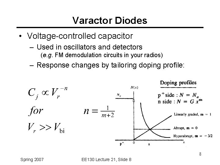 Varactor Diodes • Voltage-controlled capacitor – Used in oscillators and detectors (e. g. FM