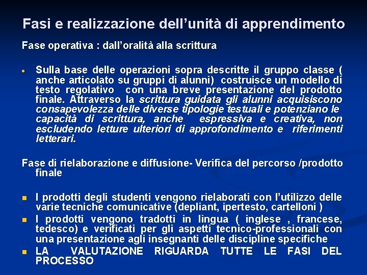 Fasi e realizzazione dell’unità di apprendimento Fase operativa : dall’oralità alla scrittura Sulla base