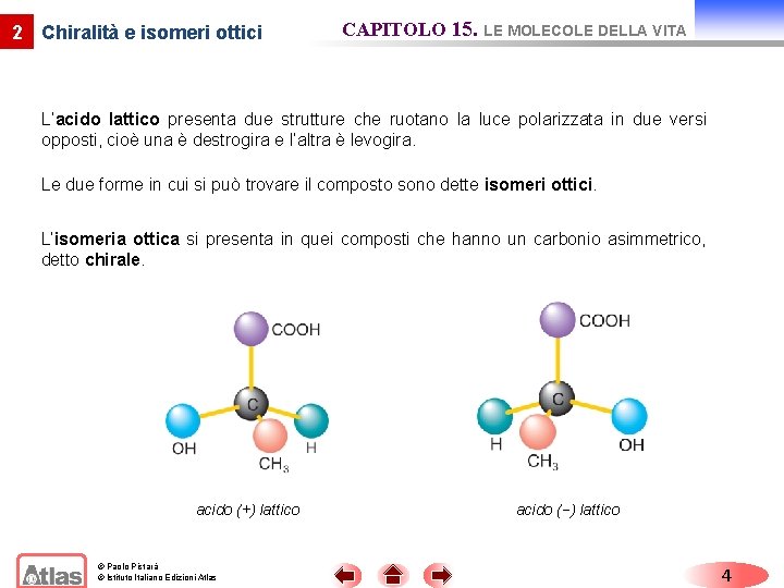 2 Chiralità e isomeri ottici CAPITOLO 15. LE MOLECOLE DELLA VITA L’acido lattico presenta