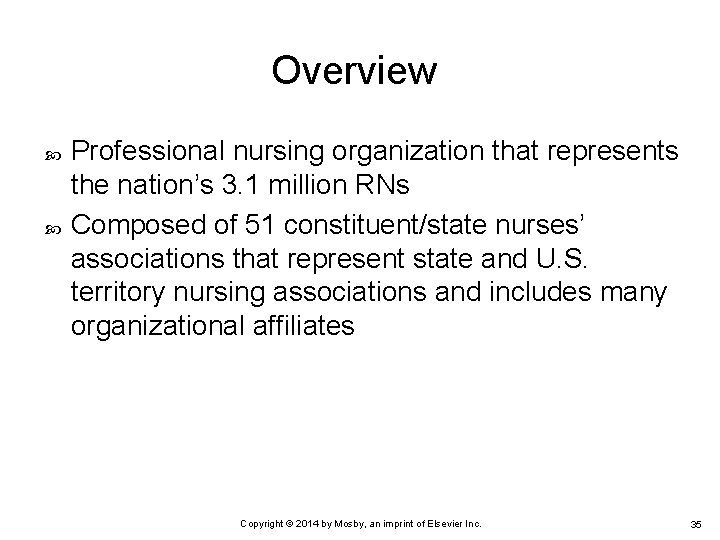 Overview Professional nursing organization that represents the nation’s 3. 1 million RNs Composed of