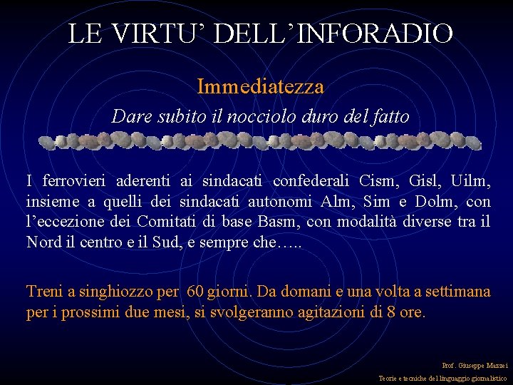 LE VIRTU’ DELL’INFORADIO Immediatezza Dare subito il nocciolo duro del fatto I ferrovieri aderenti