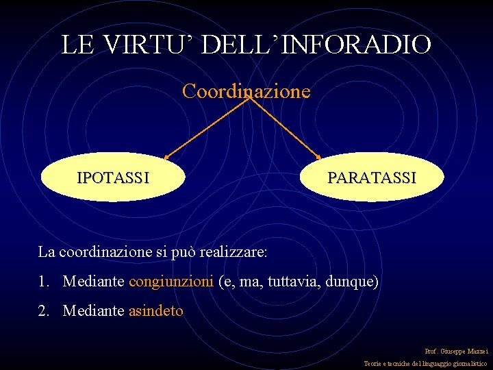 LE VIRTU’ DELL’INFORADIO Coordinazione IPOTASSI PARATASSI La coordinazione si può realizzare: 1. Mediante congiunzioni LE VIRTU’ DELL’INFORADIO Coordinazione IPOTASSI PARATASSI La coordinazione si può realizzare: 1. Mediante congiunzioni