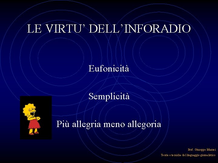 LE VIRTU’ DELL’INFORADIO Eufonicità Semplicità Più allegria meno allegoria Prof. Giuseppe Mazzei Teorie e LE VIRTU’ DELL’INFORADIO Eufonicità Semplicità Più allegria meno allegoria Prof. Giuseppe Mazzei Teorie e