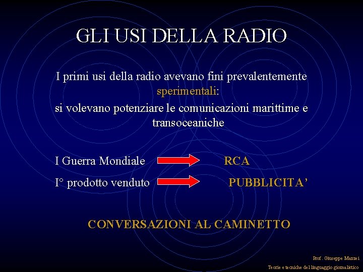 GLI USI DELLA RADIO I primi usi della radio avevano fini prevalentemente sperimentali: si