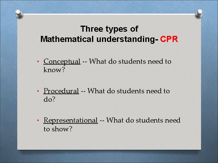 Three types of Mathematical understanding- CPR • Conceptual -- What do students need to