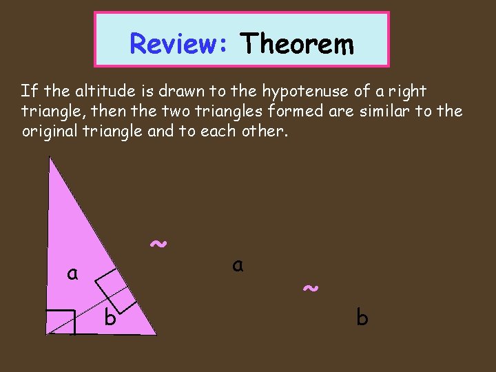 Review: Theorem If the altitude is drawn to the hypotenuse of a right triangle,