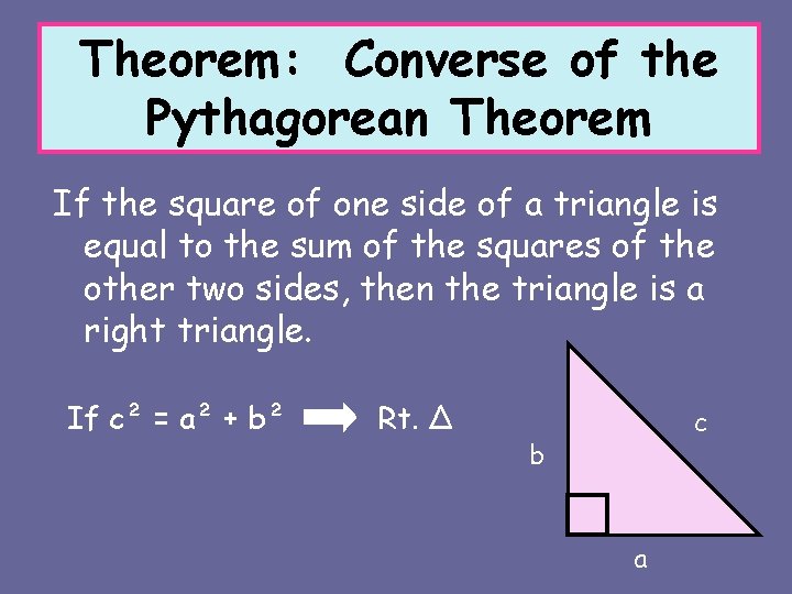 Theorem: Converse of the Pythagorean Theorem If the square of one side of a