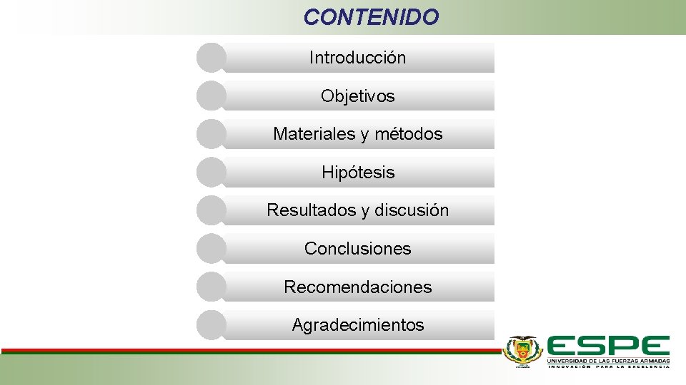 CONTENIDO Introducción Objetivos Materiales y métodos Hipótesis Resultados y discusión Conclusiones Recomendaciones Agradecimientos 