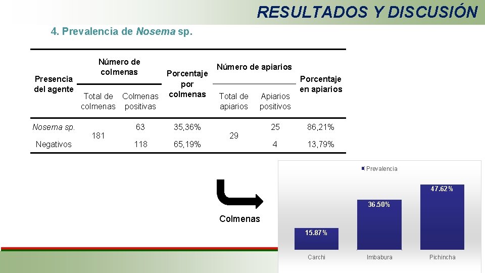 RESULTADOS Y DISCUSIÓN 4. Prevalencia de Nosema sp. Número de colmenas Porcentaje Presencia por