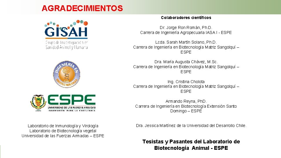 AGRADECIMIENTOS Colaboradores científicos Dr. Jorge Ron Román, Ph. D. Carrera de Ingeniería Agropecuaria IASA