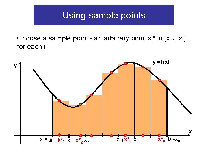 Using sample points Choose a sample point - an arbitrary point xi* in [xi-1, Using sample points Choose a sample point - an arbitrary point xi* in [xi-1,