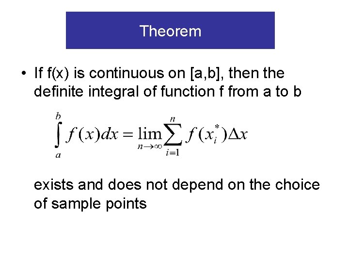 Theorem • If f(x) is continuous on [a, b], then the definite integral of
