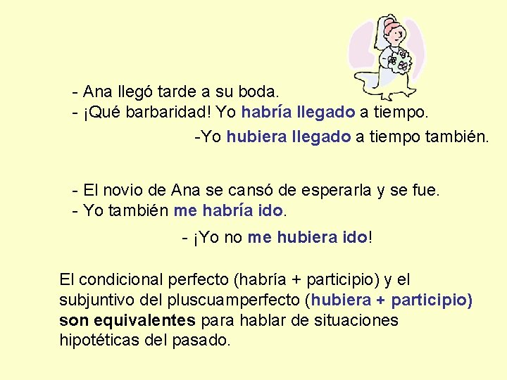 - Ana llegó tarde a su boda. - ¡Qué barbaridad! Yo habría llegado a