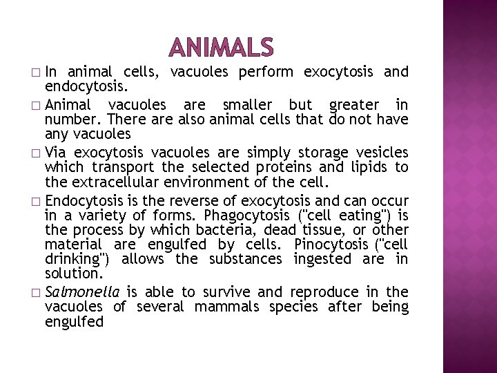 ANIMALS In animal cells, vacuoles perform exocytosis and endocytosis. � Animal vacuoles are smaller