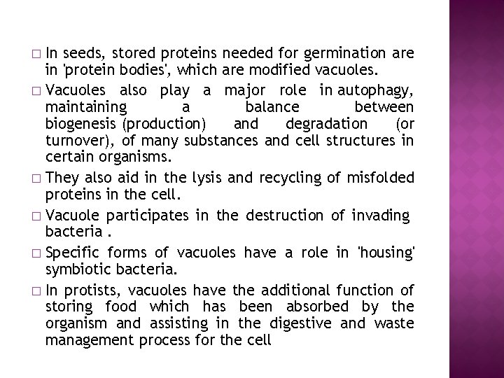 In seeds, stored proteins needed for germination are in 'protein bodies', which are modified