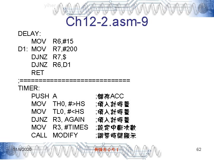 yiher Ch 12 -2. asm-9 DELAY: MOV R 6, #15 D 1: MOV R