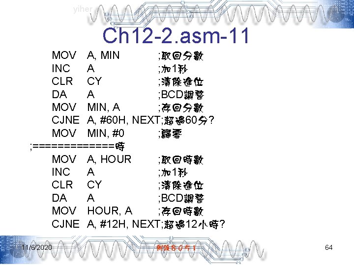 yiher Ch 12 -2. asm-11 MOV A, MIN ; 取回分數 INC A ; 加