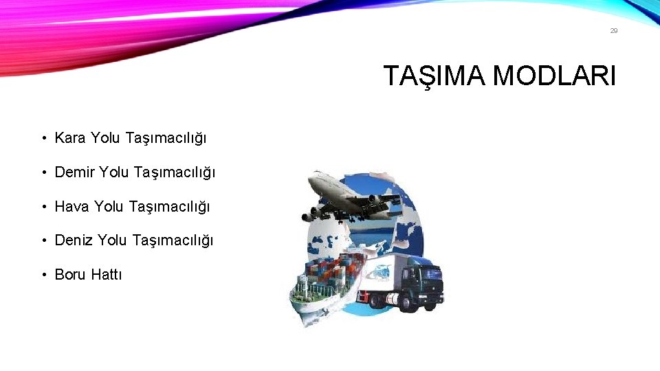 29 TAŞIMA MODLARI • Kara Yolu Taşımacılığı • Demir Yolu Taşımacılığı • Hava Yolu