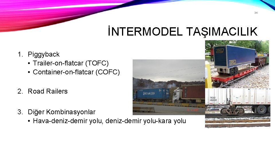 34 İNTERMODEL TAŞIMACILIK 1. Piggyback • Trailer-on-flatcar (TOFC) • Container-on-flatcar (COFC) 2. Road Railers