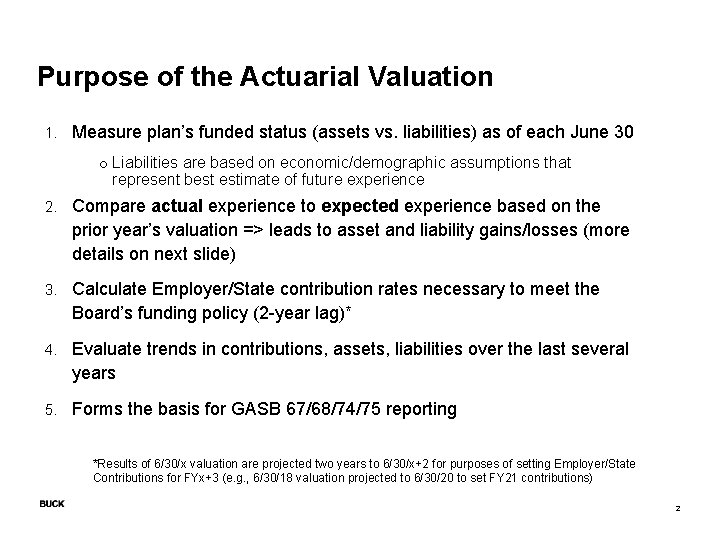 Purpose of the Actuarial Valuation 1. Measure plan’s funded status (assets vs. liabilities) as