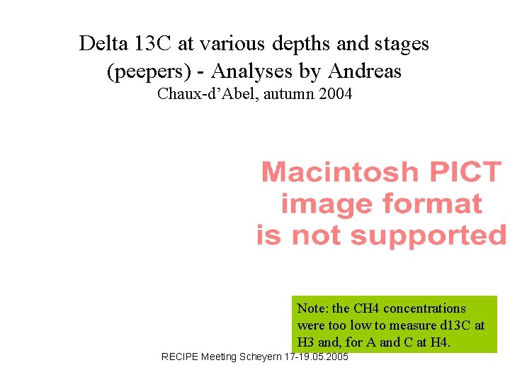 Delta 13 C at various depths and stages (peepers) - Analyses by Andreas Chaux-d’Abel,