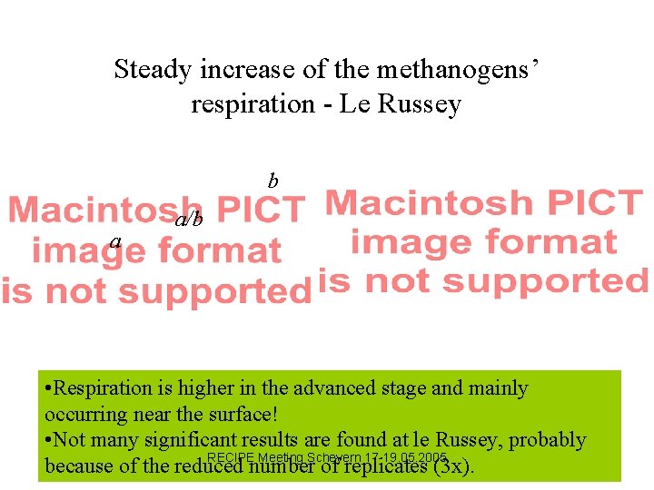 Steady increase of the methanogens’ respiration - Le Russey b a a/b • Respiration