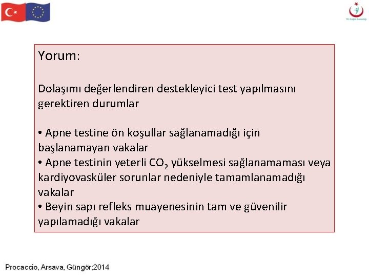 Yorum: Dolaşımı değerlendiren destekleyici test yapılmasını gerektiren durumlar • Apne testine ön koşullar sağlanamadığı Yorum: Dolaşımı değerlendiren destekleyici test yapılmasını gerektiren durumlar • Apne testine ön koşullar sağlanamadığı