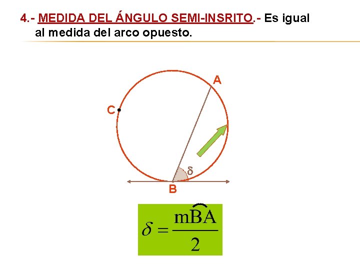 4. - MEDIDA DEL ÁNGULO SEMI-INSRITO. - Es igual al medida del arco opuesto.