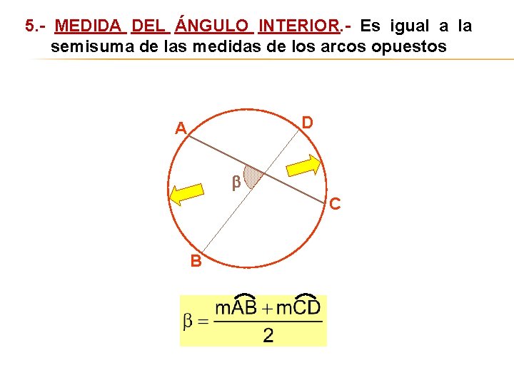 5. - MEDIDA DEL ÁNGULO INTERIOR. - Es igual a la semisuma de las