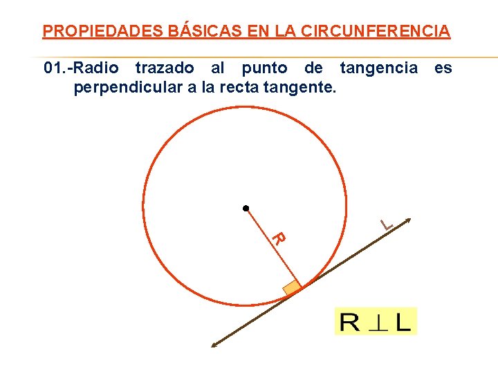 PROPIEDADES BÁSICAS EN LA CIRCUNFERENCIA 01. -Radio trazado al punto de tangencia perpendicular a