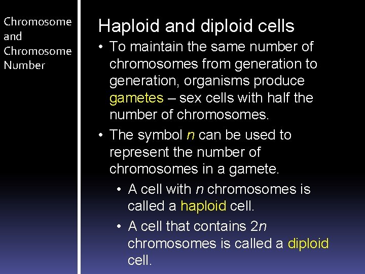 Chromosome and Chromosome Number Haploid and diploid cells • To maintain the same number