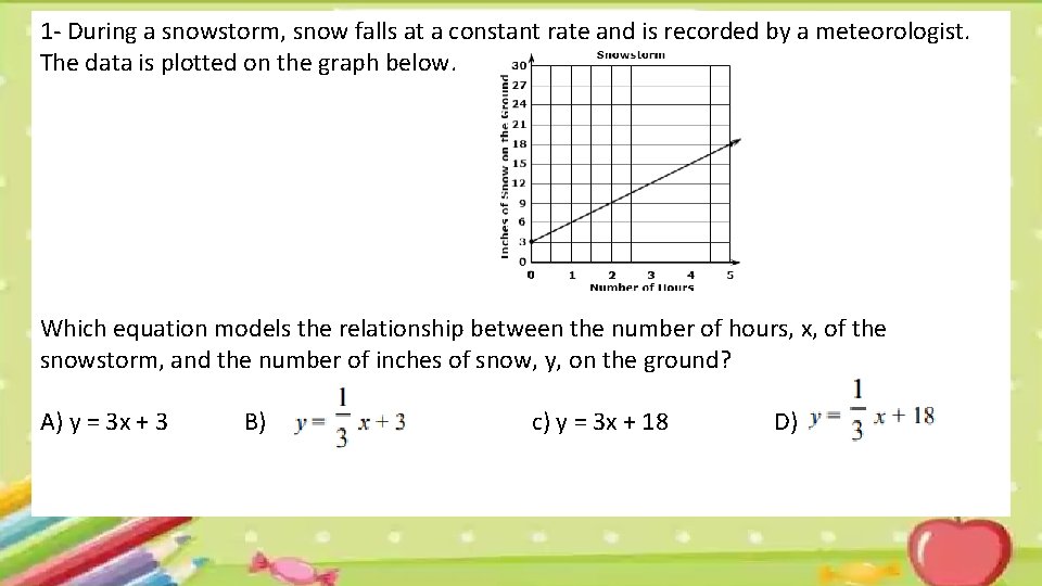 1 - During a snowstorm, snow falls at a constant rate and is recorded