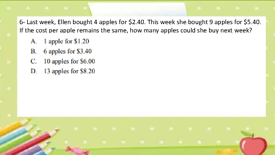 6 - Last week, Ellen bought 4 apples for $2. 40. This week she