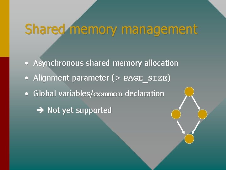 Shared memory management • Asynchronous shared memory allocation • Alignment parameter (> PAGE_SIZE) •