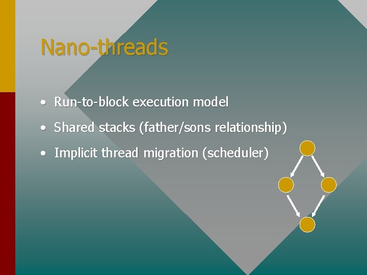 Nano-threads • Run-to-block execution model • Shared stacks (father/sons relationship) • Implicit thread migration