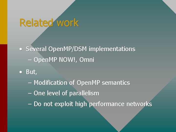 Related work • Several Open. MP/DSM implementations – Open. MP NOW!, Omni • But,