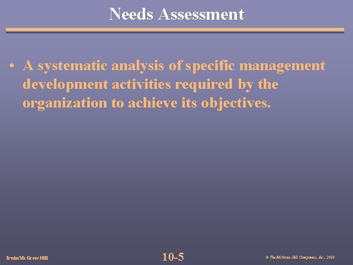 Needs Assessment • A systematic analysis of specific management development activities required by the