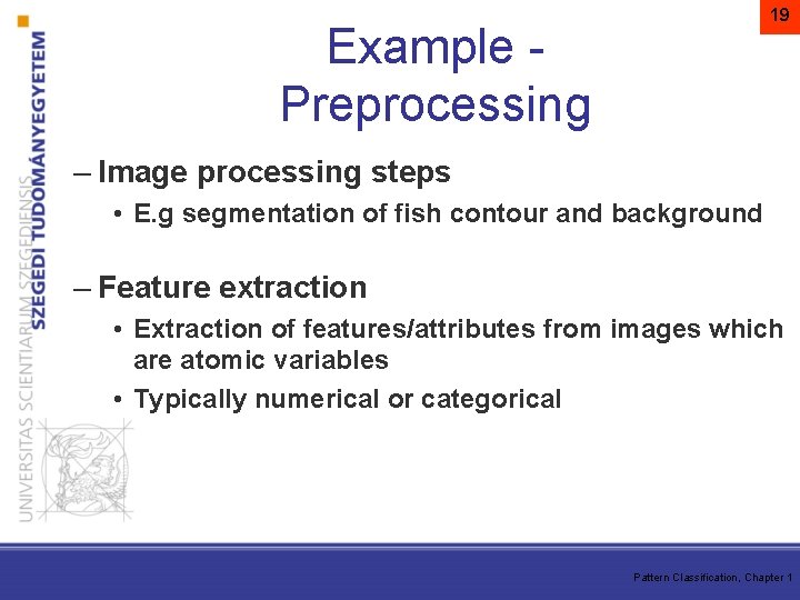 19 Example Preprocessing – Image processing steps • E. g segmentation of fish contour