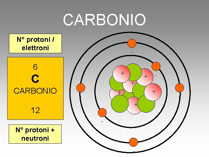 CARBONIO N° protoni / elettroni - 6 + C CARBONIO + + 12 -