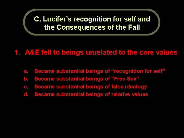 C. Lucifer’s recognition for self and the Consequences of the Fall 1. A&E fell