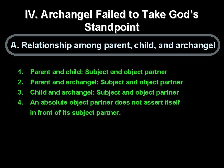 IV. Archangel Failed to Take God’s Standpoint A. Relationship among parent, child, and archangel