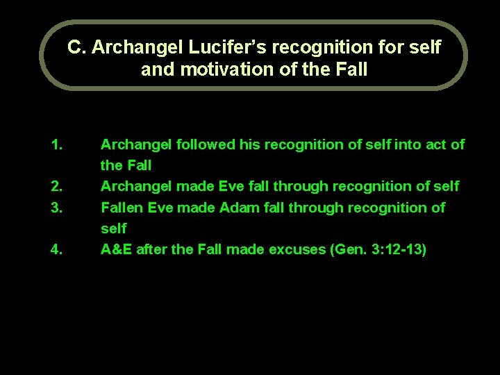 C. Archangel Lucifer’s recognition for self and motivation of the Fall 1. 2. 3.